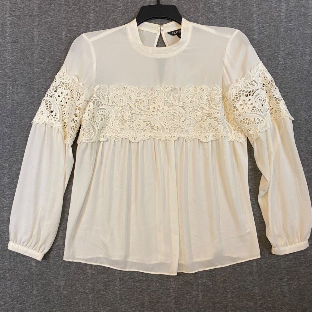 Express Cream Long Sleeve‎ Crochet Lace Blouse Medium Keyhole Back Womens Top